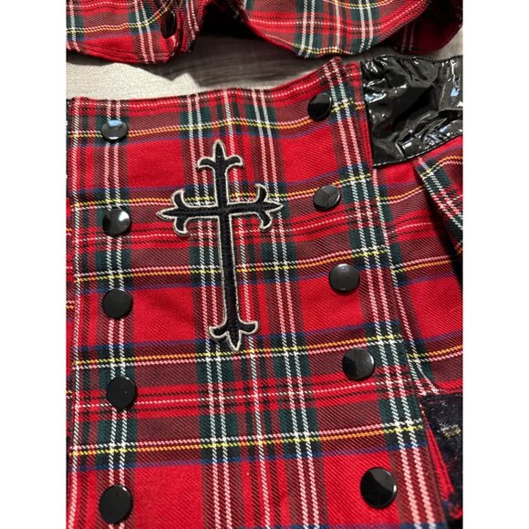 Vtg Foreplay Red Plaid Skirt & Top Set  Black Lace Cross Accents M/L Punk grunge - Picture 12 of 13